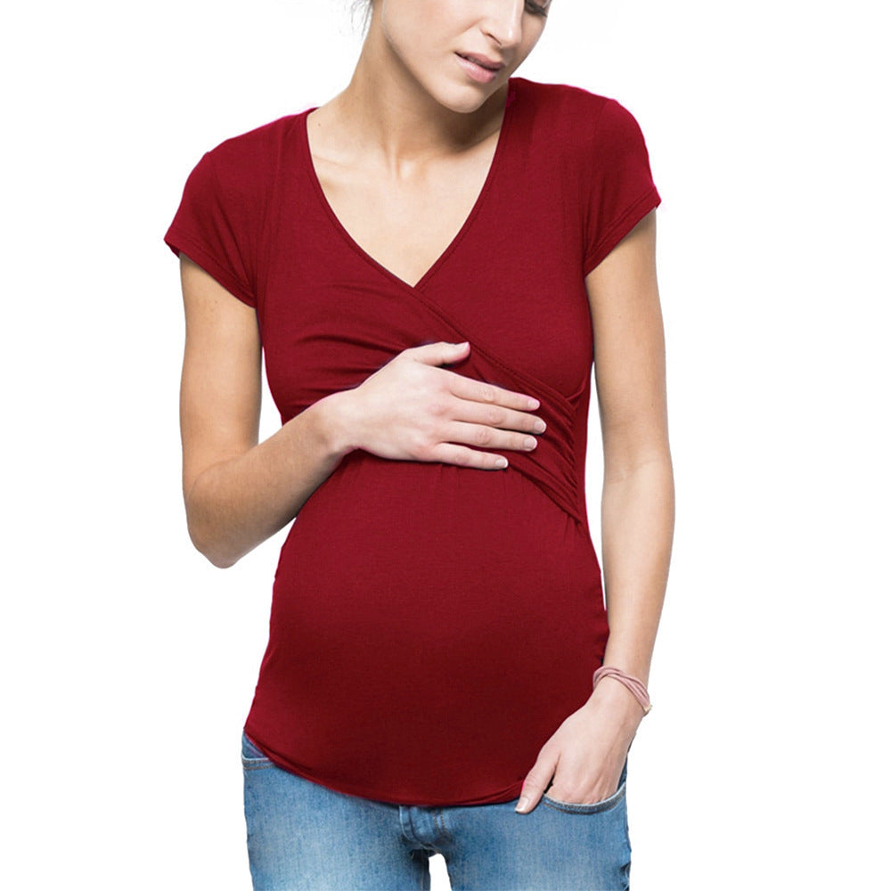 Summer Pregnant Women V-neck Solid Color Cross Nursing Wear Short Sleeve