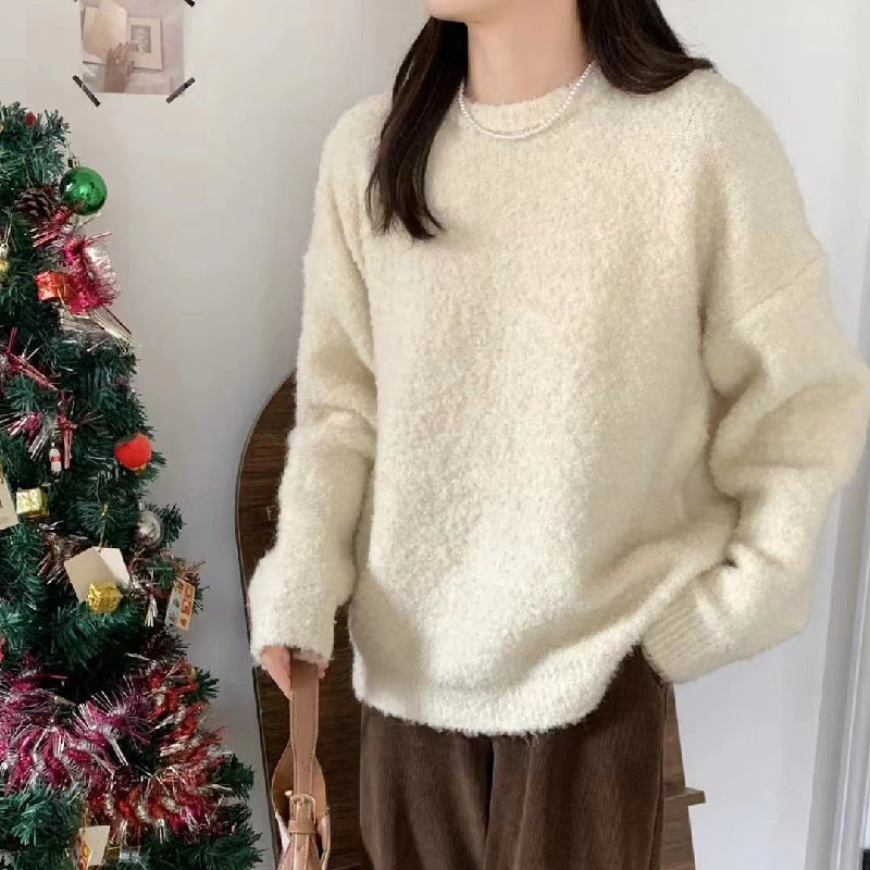 Knitted Pullover Sweater Women's Wide Round Neck Long Sleeve Sweater