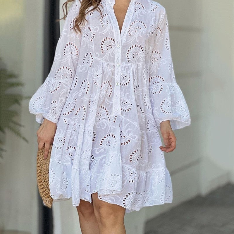 Summer Flower Hollow-out Embroidered V-neck 7-quarter Sleeve Large Swing Dress