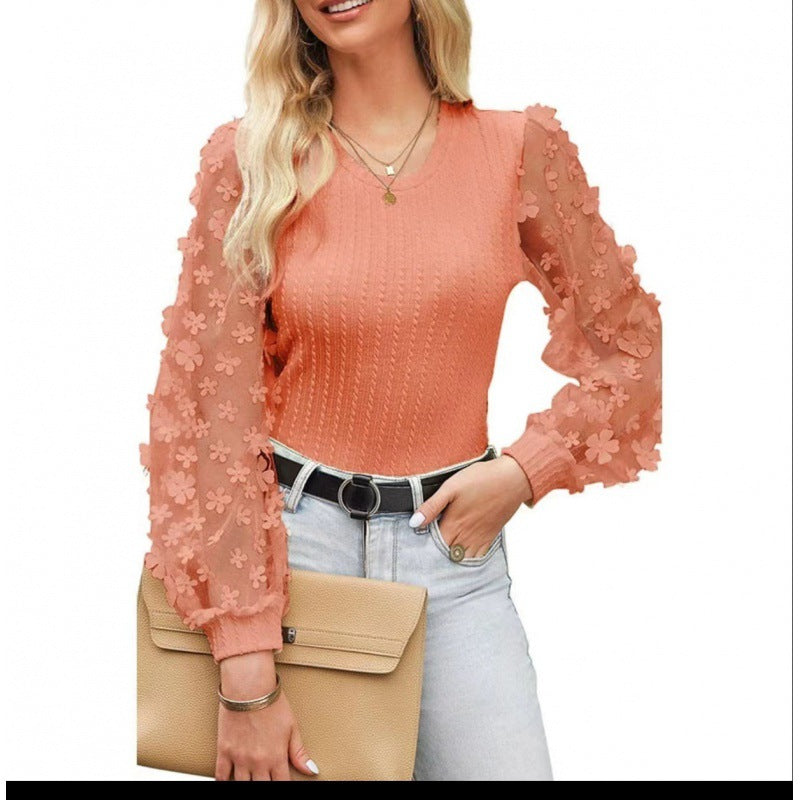 Camisa de gasa con flores pequeñas de malla para mujer Top de manga larga con cuello redondo