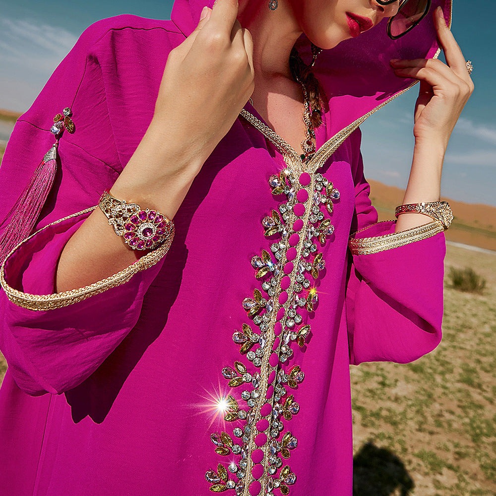 Vestido estilo Dubái marroquí de Oriente Medio con capucha de color rojo rosa para mujer