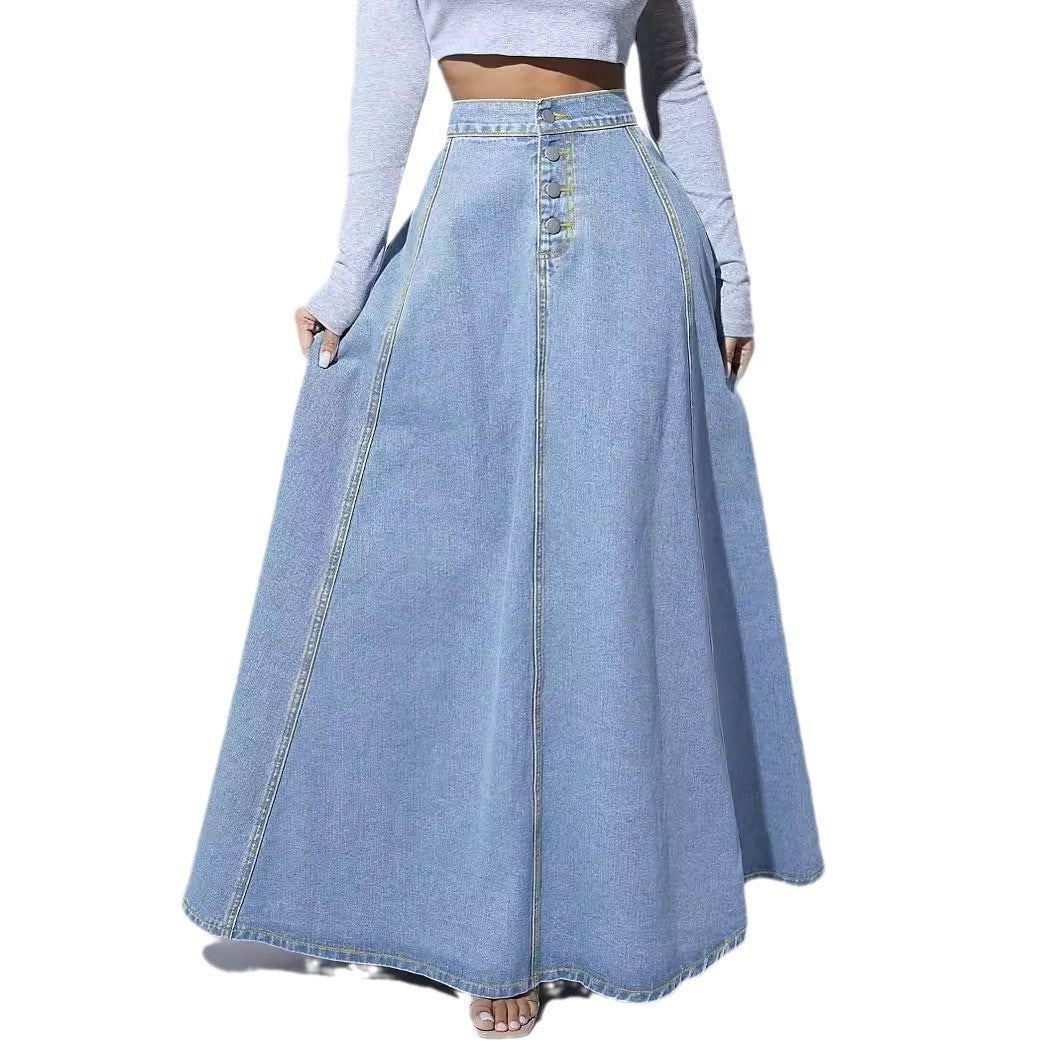 Retro Style Fashionable Large Swing Design Single-breasted Denim Skirt