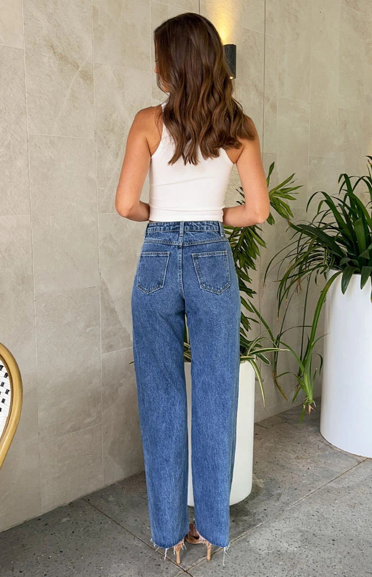 Oblique Waist Cross Beaded Straight-leg Frayed Hem Jeans