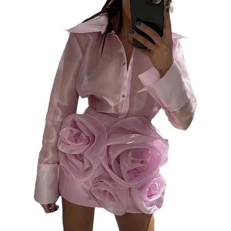 Lapel See-through Light Shirt Flower Skirt Suit Women