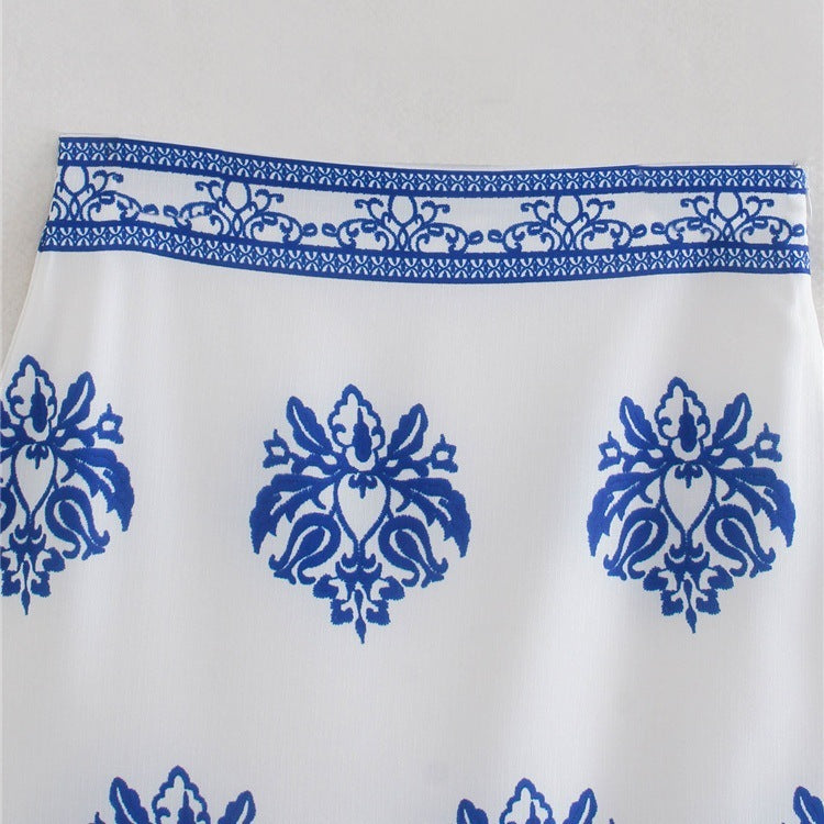 Fashion Ethnic Style High Waist Slim Blue And White Porcelain Printed Midi A-line Skirt Women