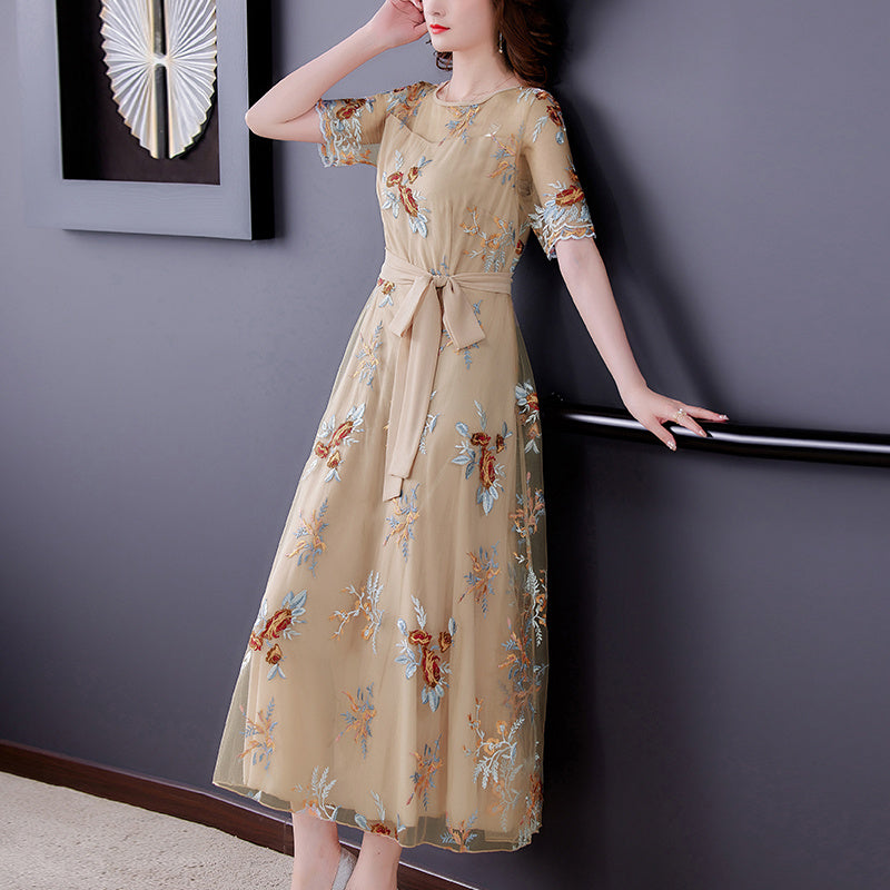 Floral Midi Net Yarn Dress Women