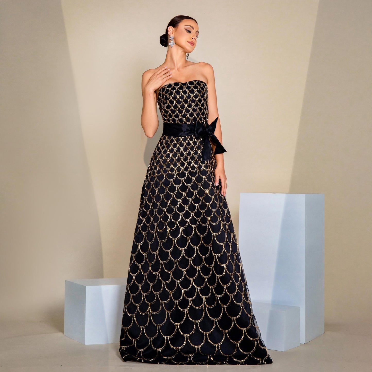 Off-neck Wrapped Chest Nipped-waist Large Swing Sequined Evening Dress