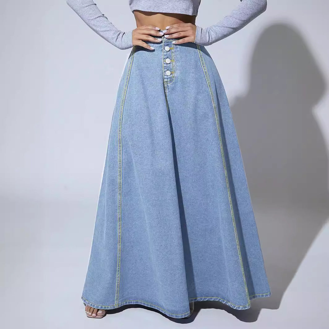 Retro Style Fashionable Large Swing Design Single-breasted Denim Skirt