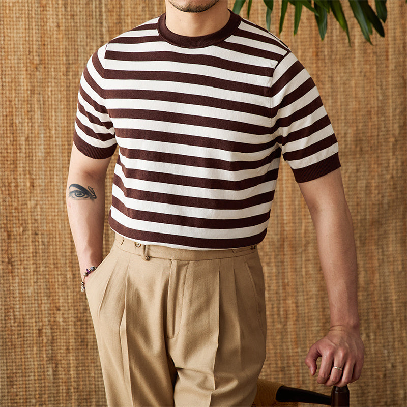 Striped Navy-striped Shirt Breathable Tencel Cotton Round Neck Short Sleeve T-shirt