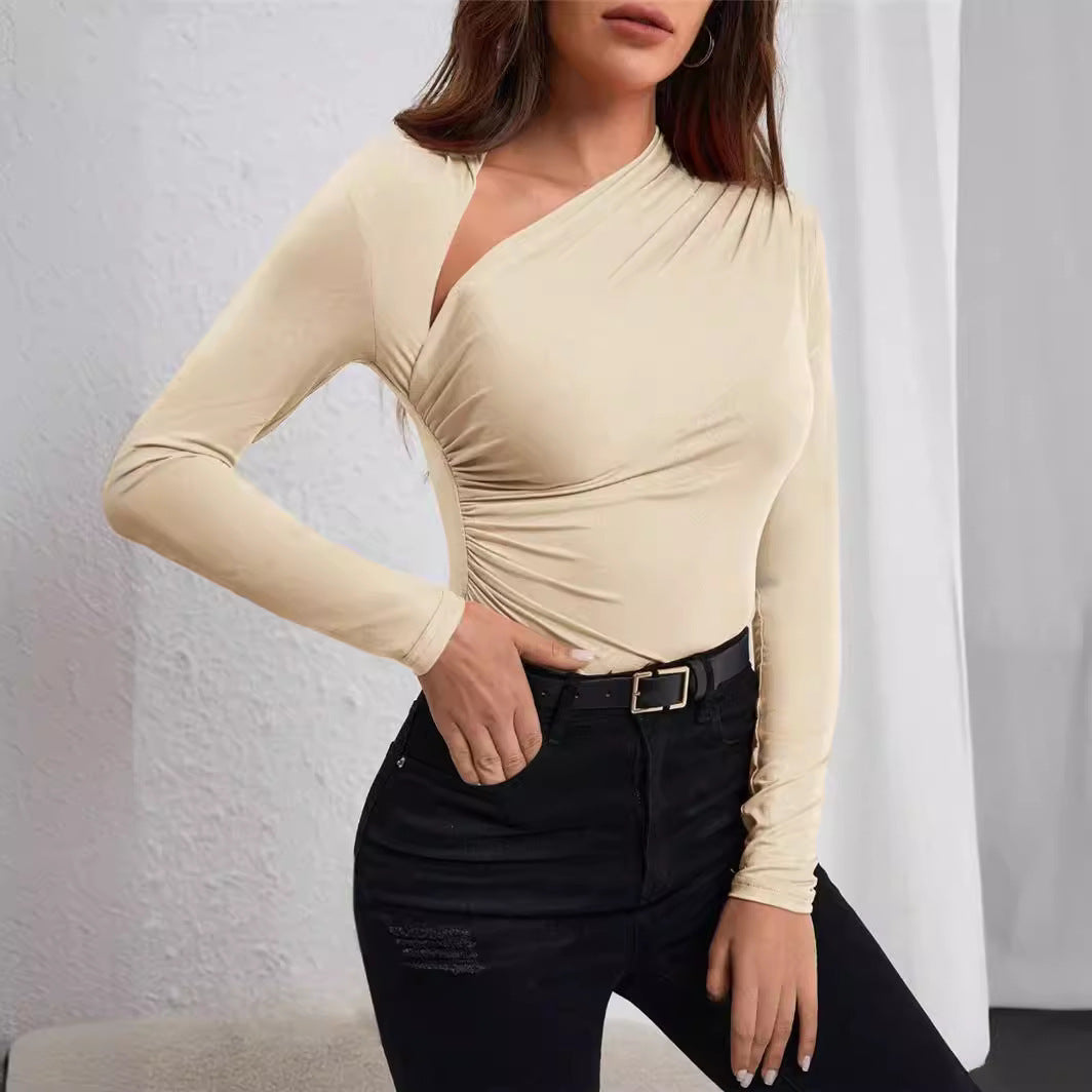 Asymmetric Neckline Pleated Side Long Sleeve T-shirt