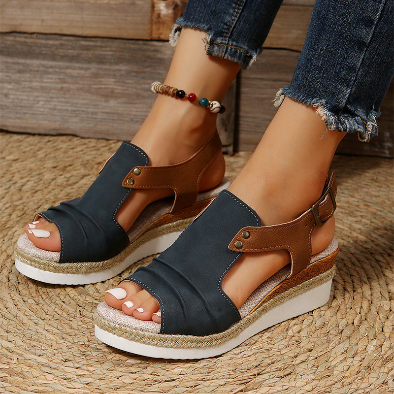 Fish Mouth Wedges Sandals With Straw Design Peep Toe Buckle