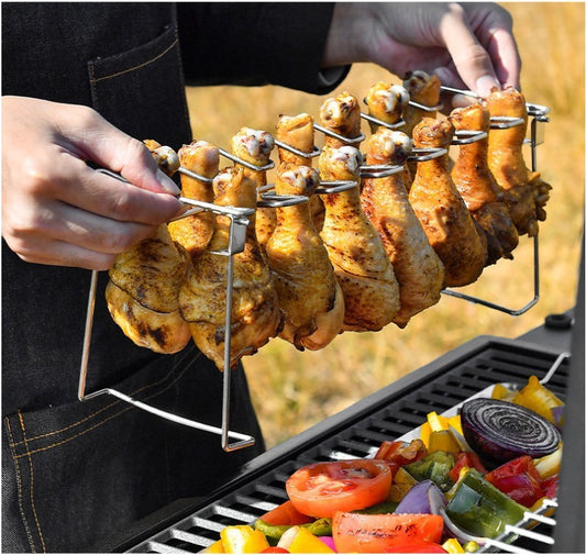 Portable Grilling Basket Mesh Clip 14 Slot Stainless Non-Stick Barbecue Chicken Wing Leg Rack