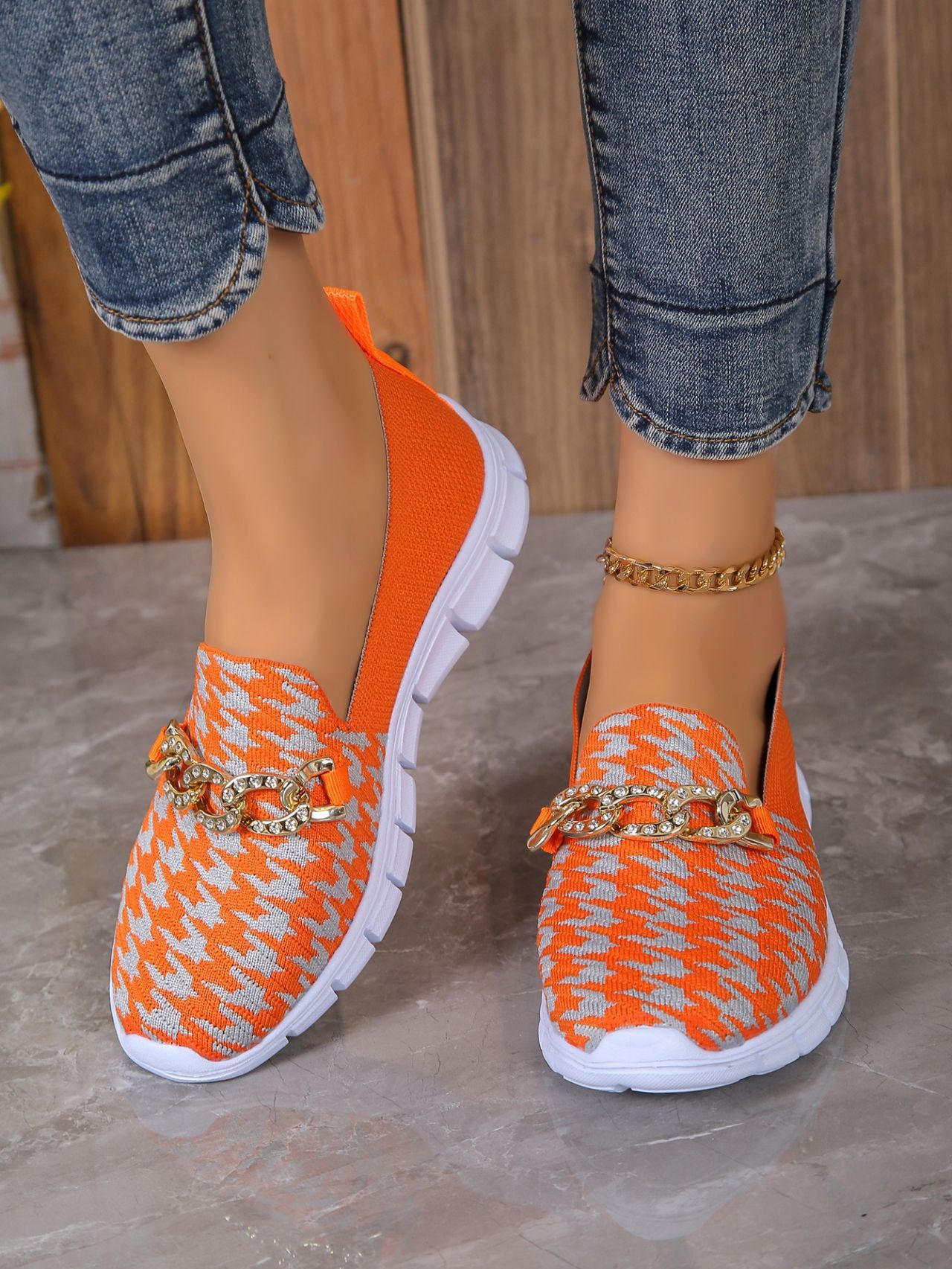 Casual Houndstooth Print Chain Mesh Shoes Summer Walking Sports Flat Shoes Women Breathable Loafers