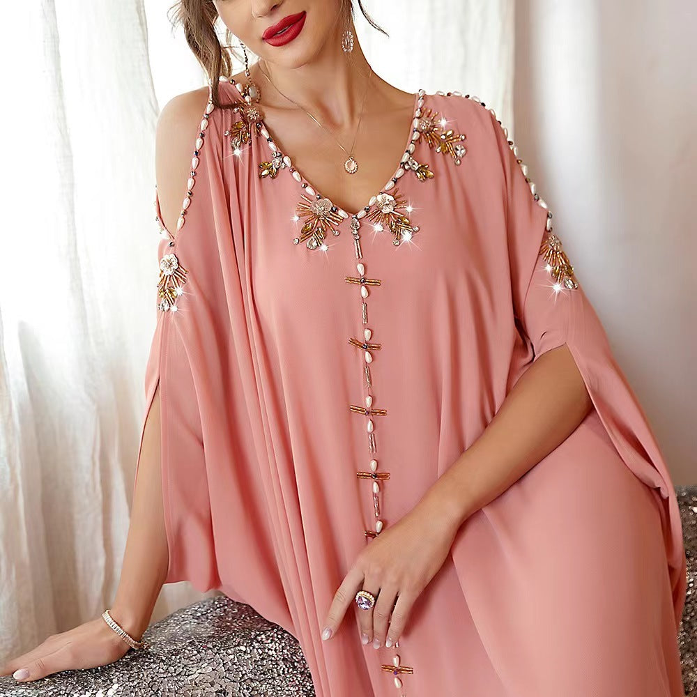 Women's Ethnic Wind Strapless Hand-stitched Diamond Dress