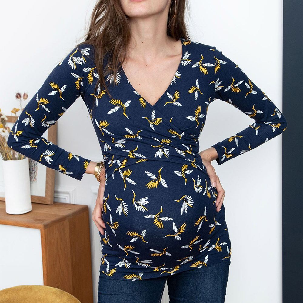 Deep V-neck Print Long Sleeves