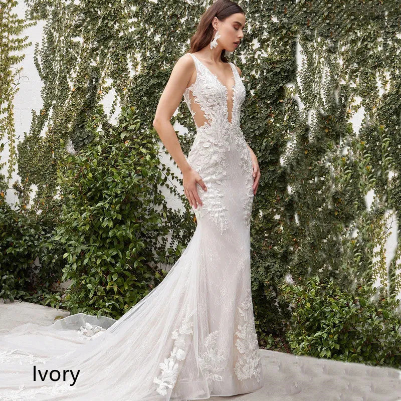 Vestido de novia con cuello en V y encaje para mujer