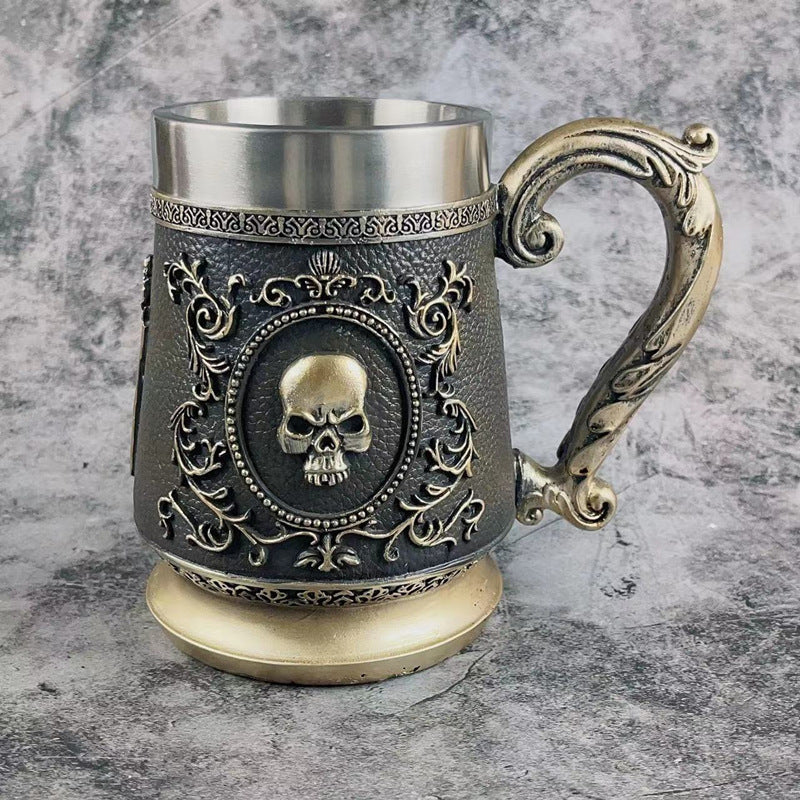 Copa de vino de gran capacidad de acero inoxidable con forma de calavera dorada vintage