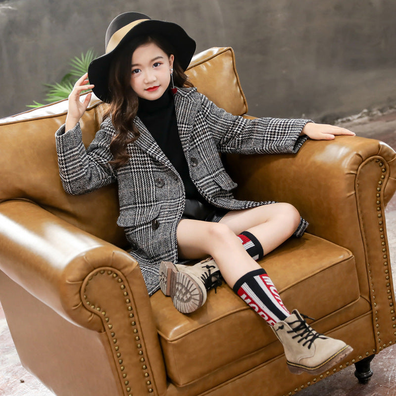 Gray Plaid Houndstooth Coat for Girls