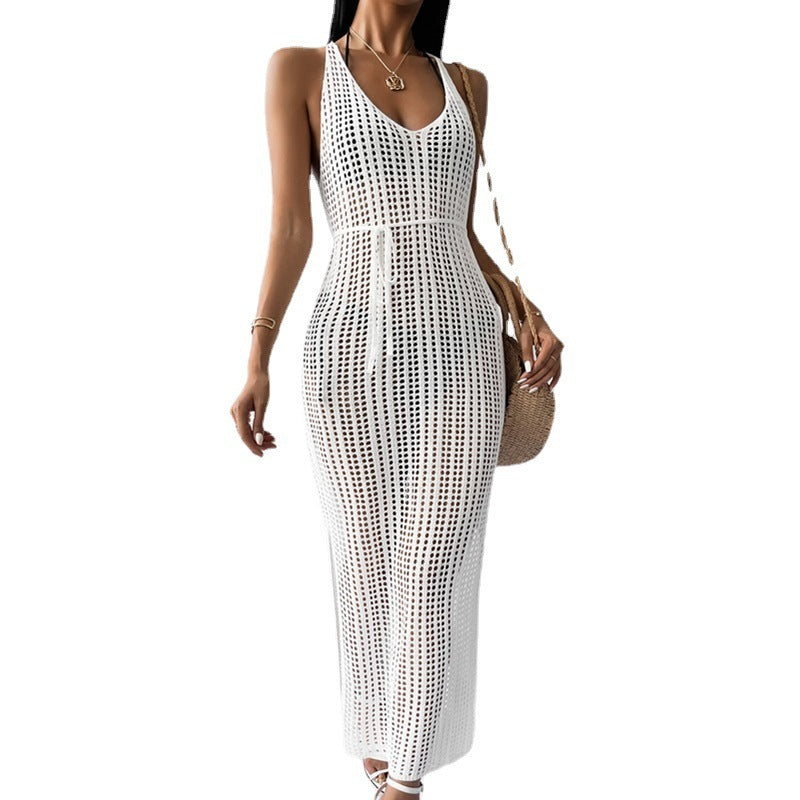 Beach Casual Solid Color Knitted Sling Dress Women