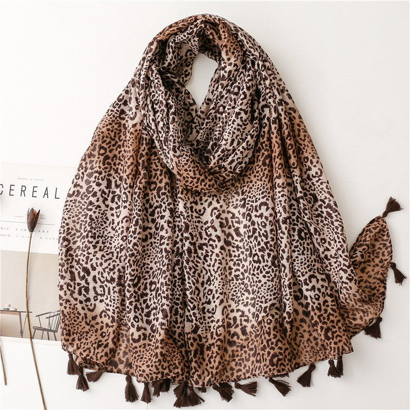 Fashion Large Leopard-print Personality Voile Silk Scarf Coffee Color Gradient Handmade Tassel Sun-proof