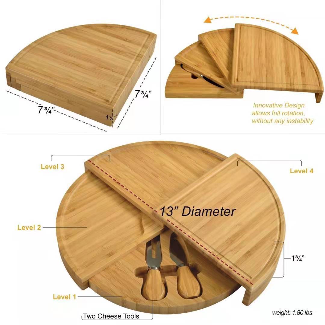 Bamboo Drawer Cheese Cutting Board & Knife Gift Set 13 - Inch Round