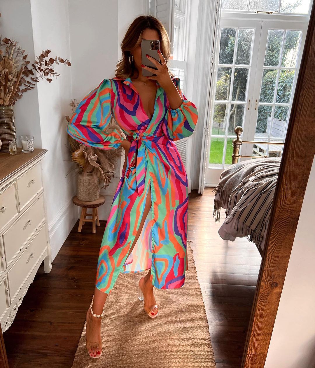 Fashion Print Balloon Sleeve Tie Slit Wrap Dress