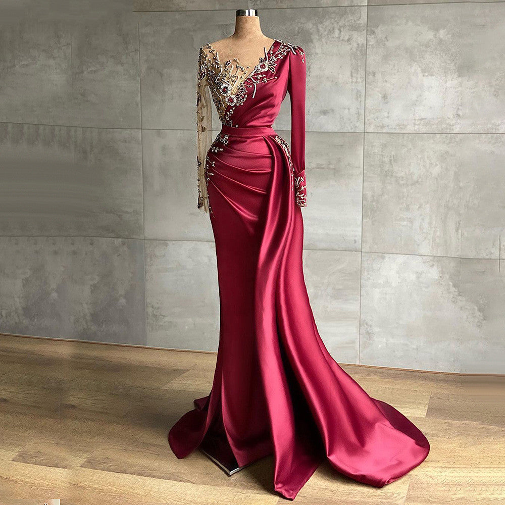 Wine Red Satin Round Neck Slim Dress