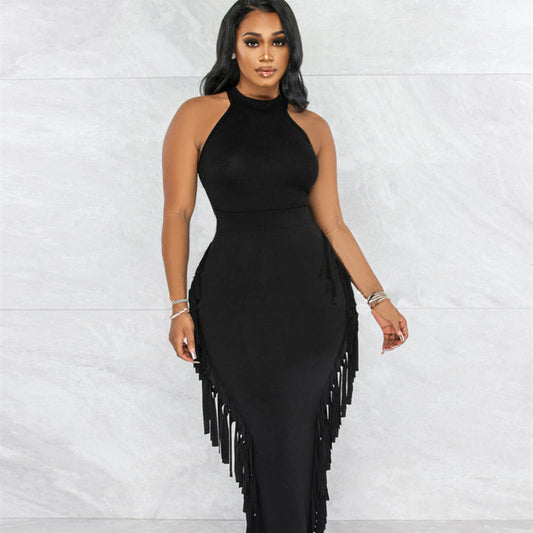 Halter Solid Color Tassel Dress Two-piece Set