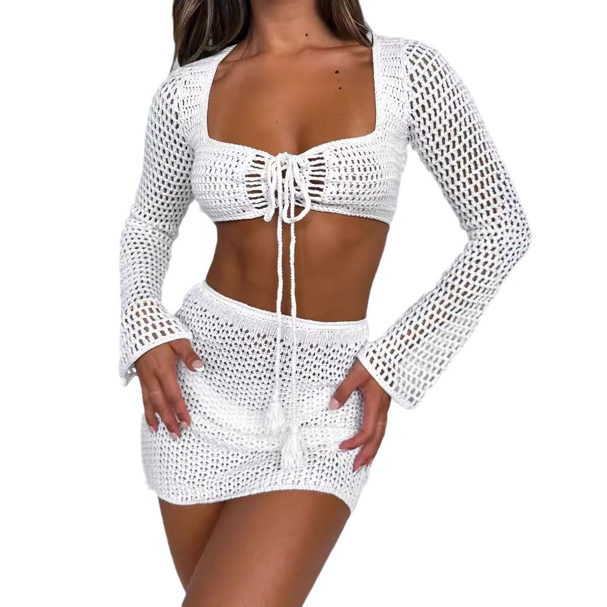 Traje de falda de protección solar de bikini hueco de blusa de punto de verano para mujer