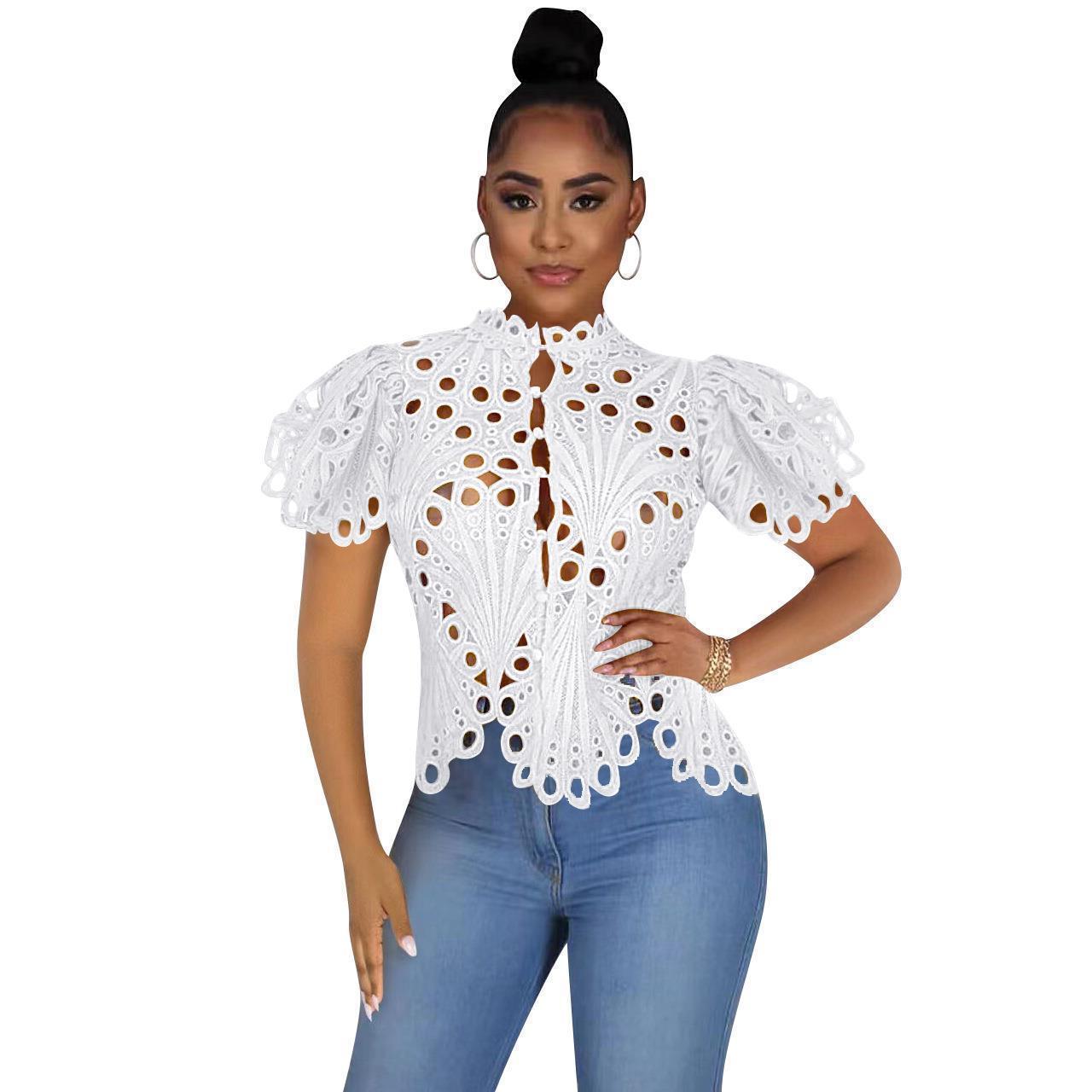 Sexy Cutout See-through Nightclub Puff Short Sleeve Irregular Top Women's Lace Shirt