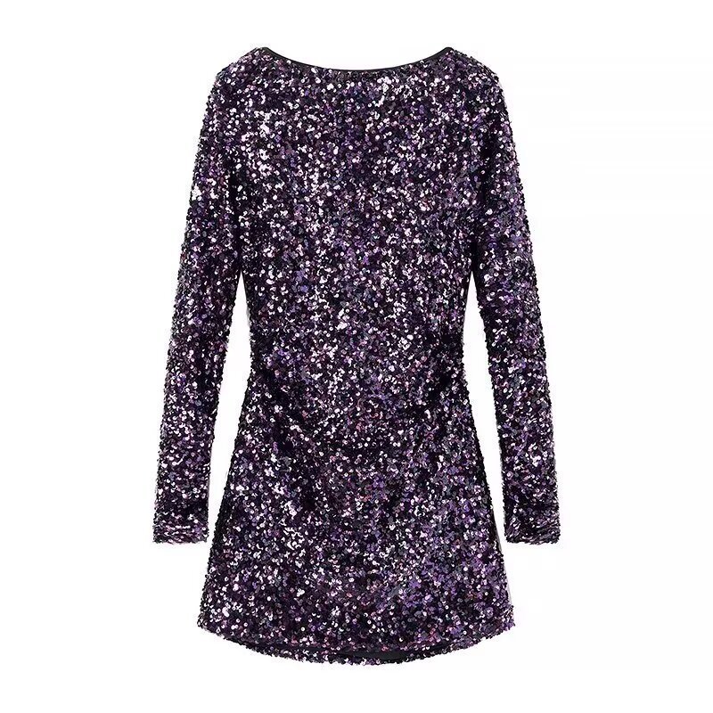 French Style Retro Crew Neck Long Sleeve Sequined Backless Dress