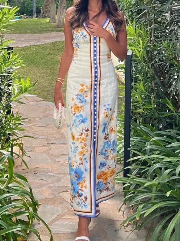 Vestido femenino con tirantes y estampado de playa