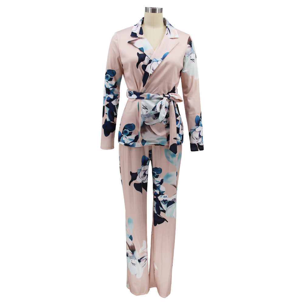 Ladies Fashion Print Casual Tie Cardigan Suit