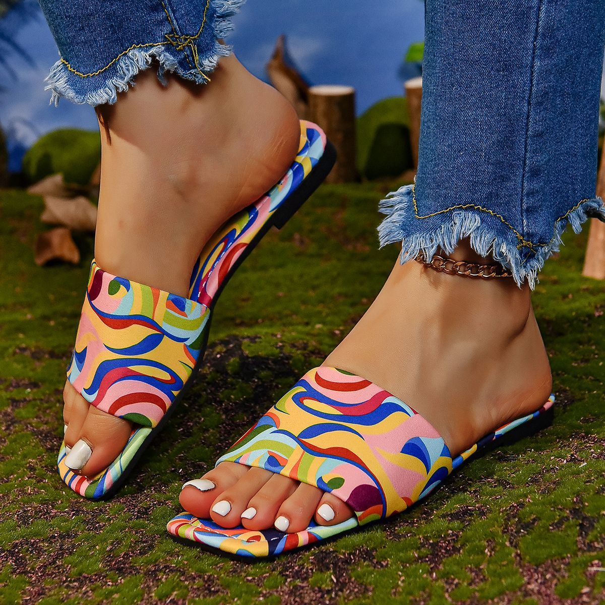 Candy Color Square Toe Beach Sandals