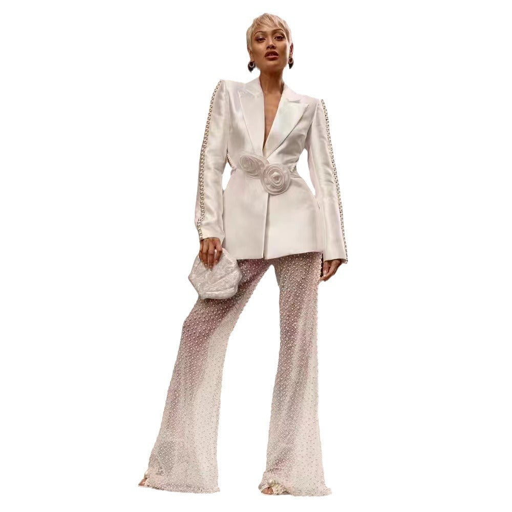 Suit Pearl Sequin Gauze Trousers Suit Dress Two Pieces