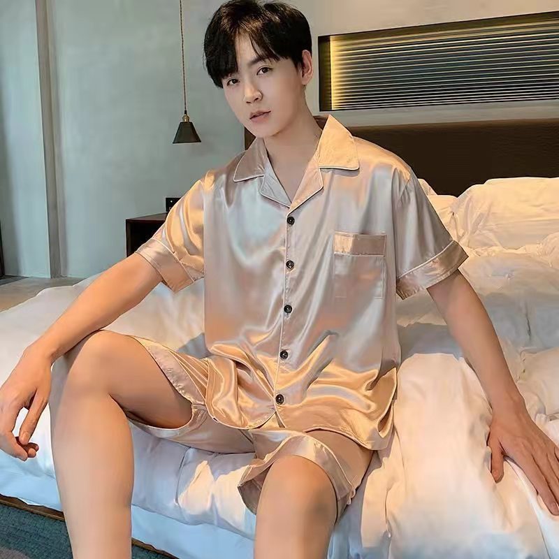 Men's Imitation Silk Short-sleeved Cardigan Shorts Suit