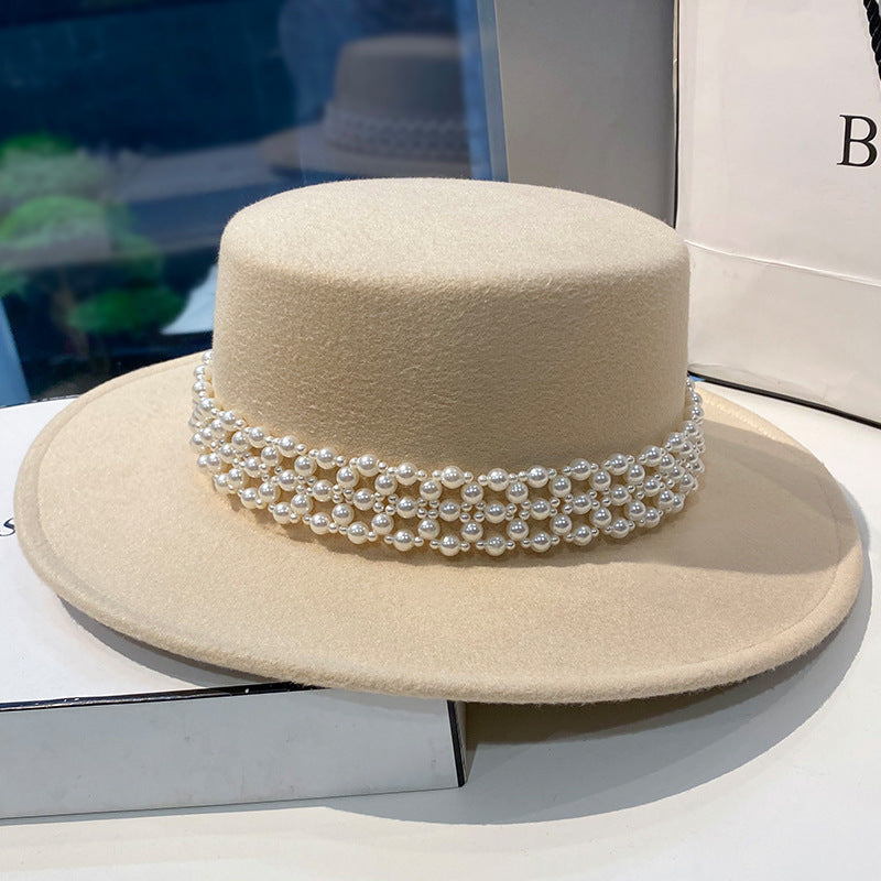 Autumn And Winter New White Children's Elegant Pearl Chain Flat Top Hat