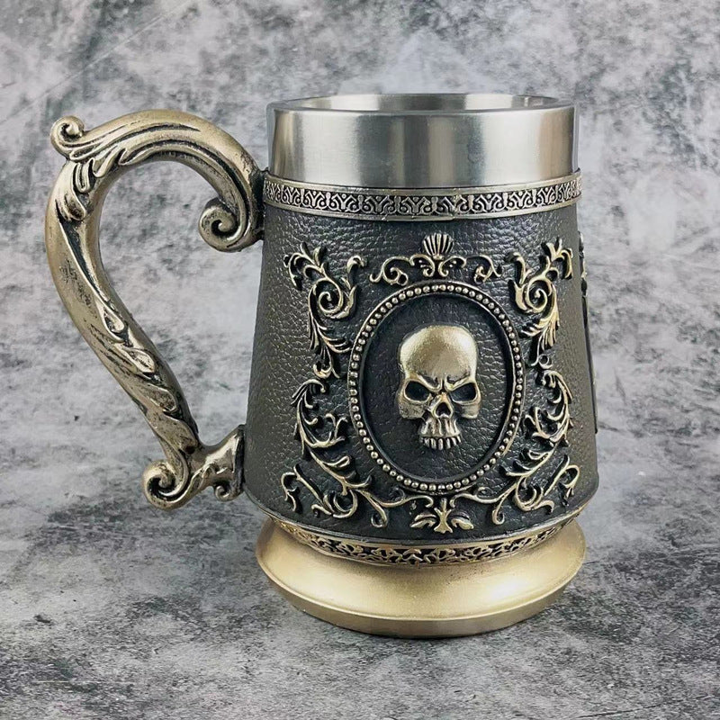 Copa de vino de gran capacidad de acero inoxidable con forma de calavera dorada vintage