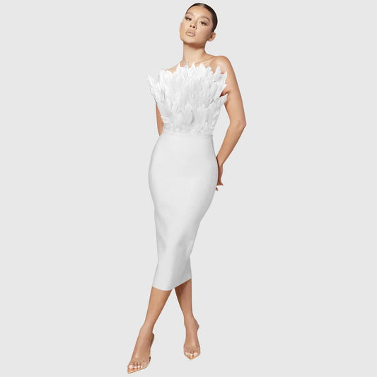 Tube Top Feather Stretch Slim Fit Bandage One-piece  White Dress