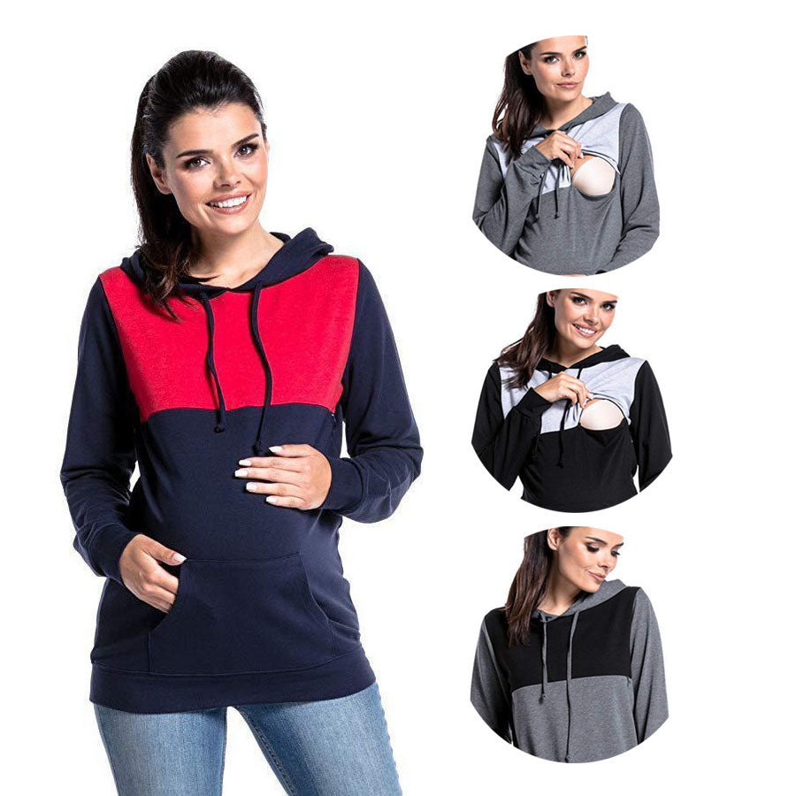 Hooded Colorblock Maternity Nursing Top Sweatshirt