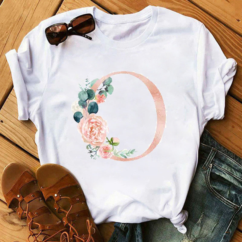 Camiseta informal con estampado de flores y letras INS26 para mujer