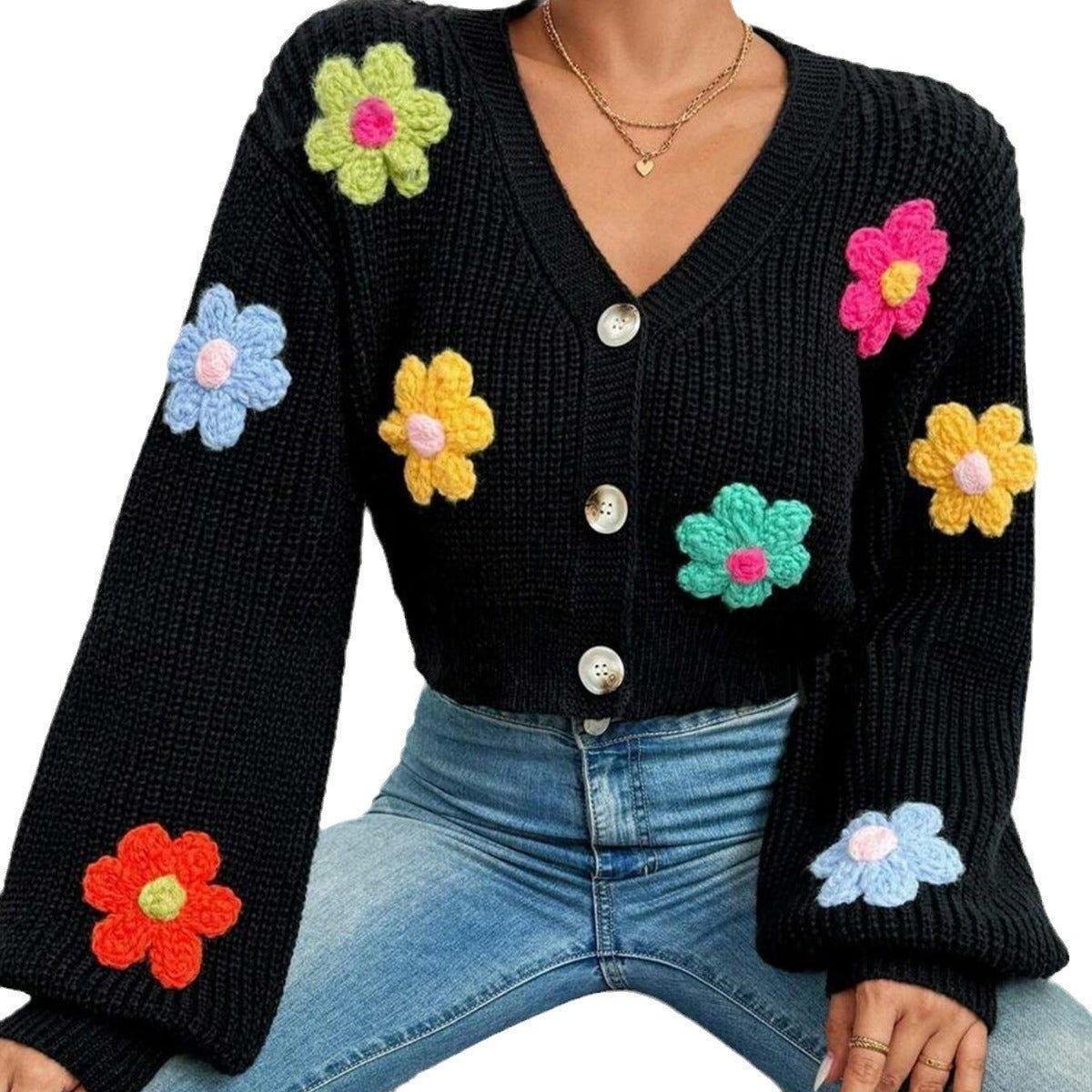 Sweet Flowers Pattern Sweater Cardigan