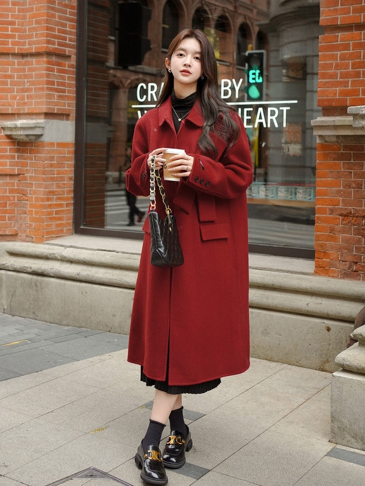 Women's Red Bowknot Woolen Coat