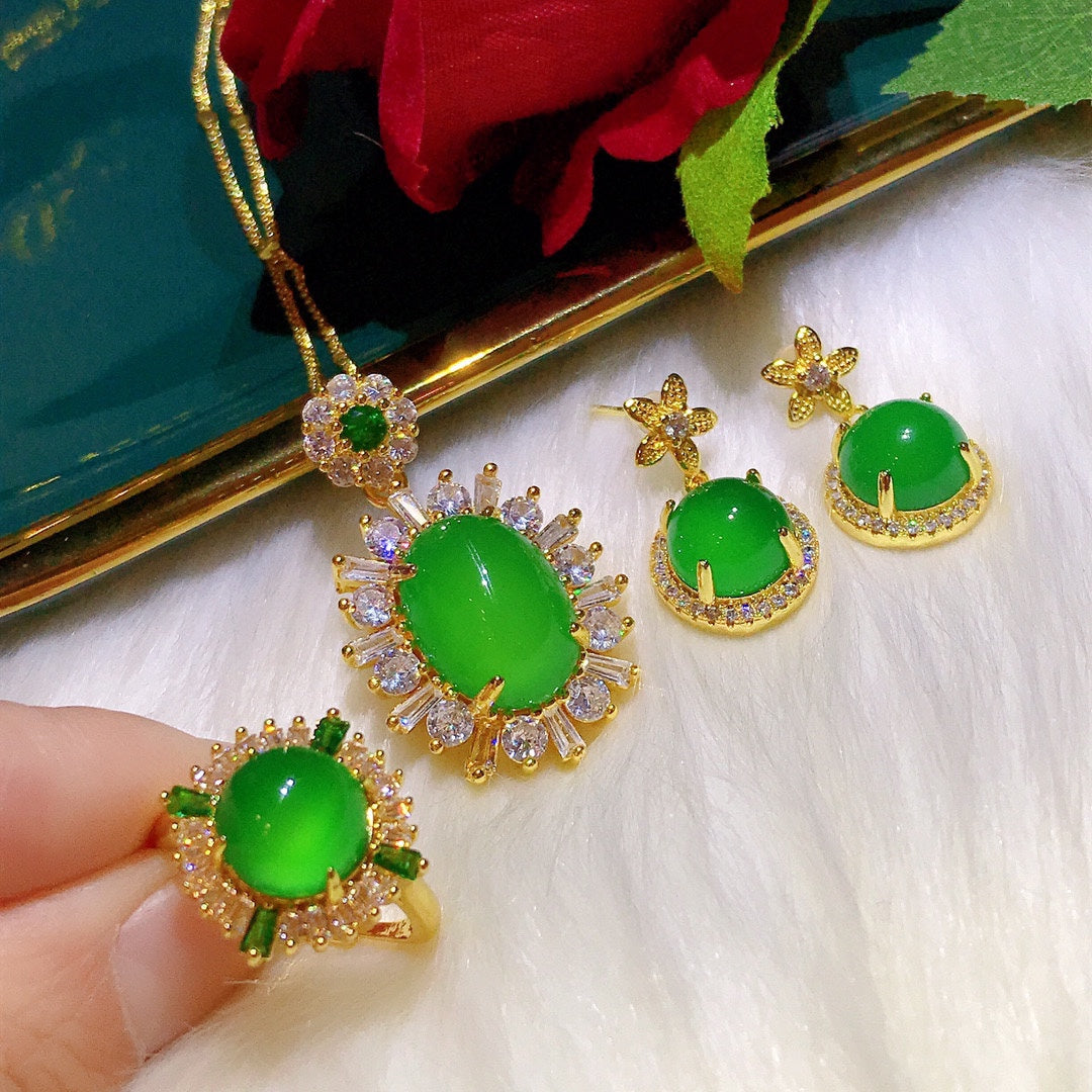 Luxury Craft Inlaid Natural Green Chalcedony Set