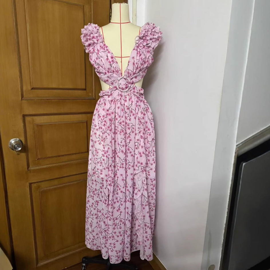 Casual Home Floral Backless Dress Women