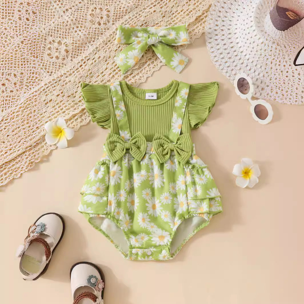 Candy Color Flower Print Pleated Cake Jumpsuit