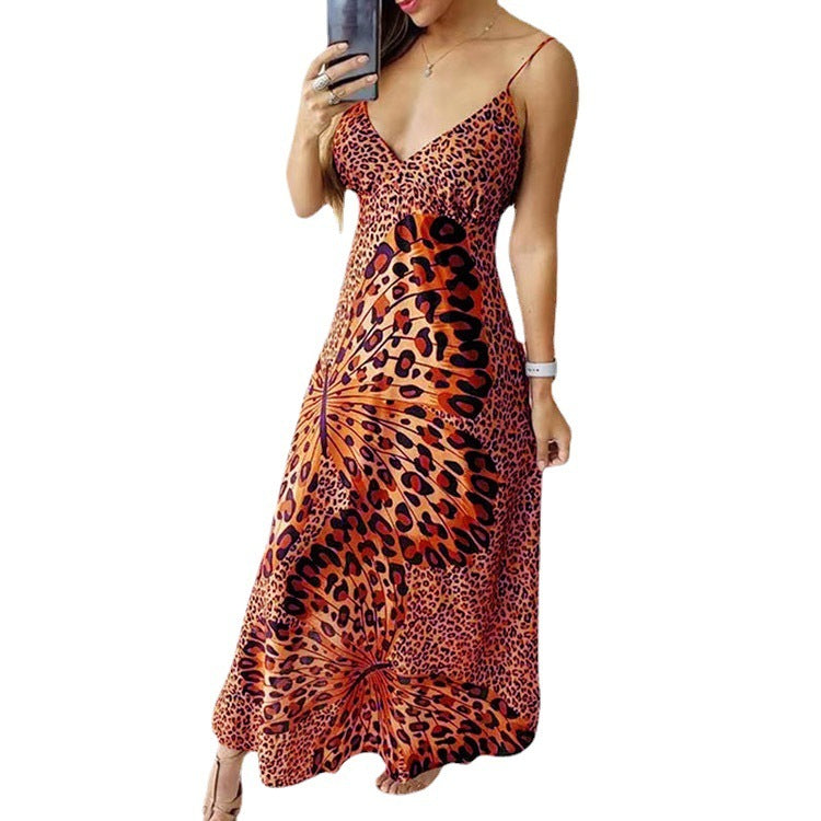 Women's Sling Leopard Print Butterfly Print Dress