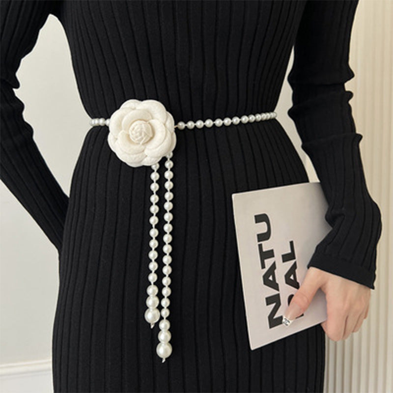 Camellia Pearl Waist Chain Decorative Dress