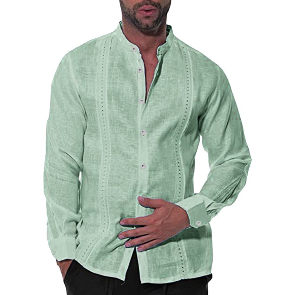 Men's Fashion Casual Cotton And Linen Stand Collar Long Sleeve Shirt