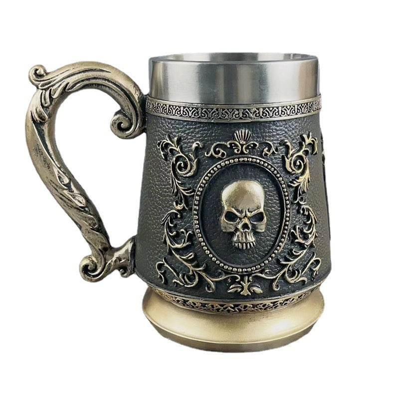 Copa de vino de gran capacidad de acero inoxidable con forma de calavera dorada vintage